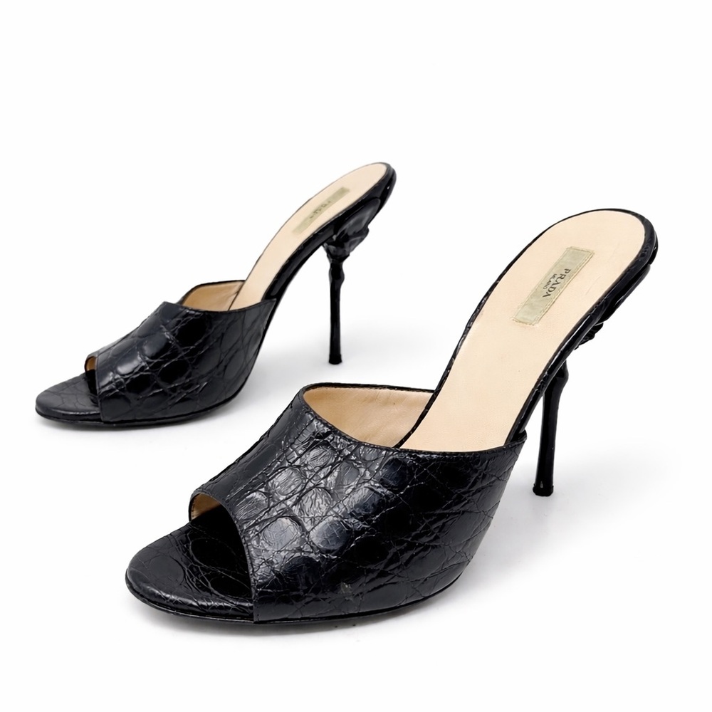 Prada Flower Heel Crocodile Leather Mule Sandals Black Womens Size EU 38